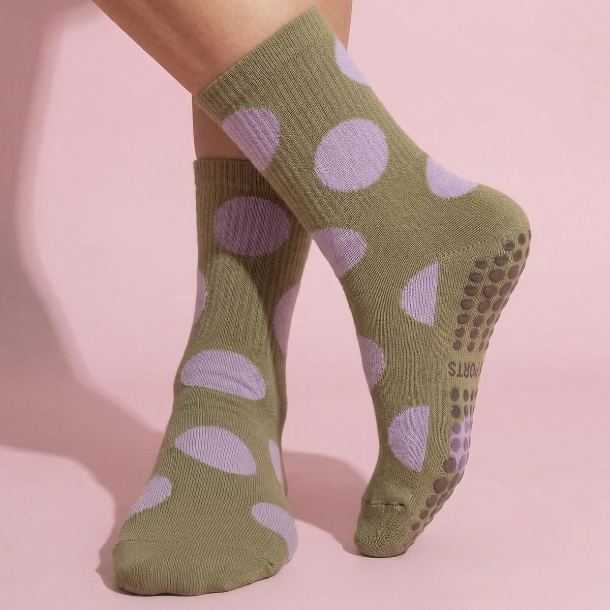 Anna-Kaci 2 Pairs Womens Polka Dot Cotton Crew Socks with Non Slip Grip Sole