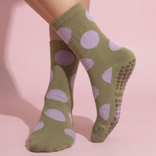 Anna-Kaci 2 Pairs Womens Polka Dot Cotton Crew Socks with Non Slip Grip Sole