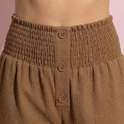 Anna-Kaci Women's Soft Textured Knit Lounge Pants with Wide Leg Silhouette and Stretch High Waistband Featuring Decorative Button Front Detail