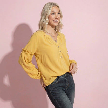 Half Button Front Bishop Sleeve Blouse