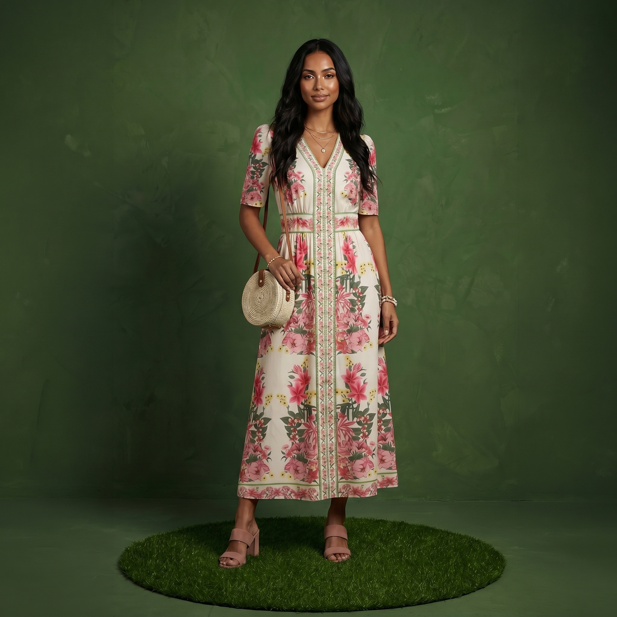 Anna-Kaci Women's Floral Midi Dress with V Neckline Short Puff Sleeves and Waist Detail