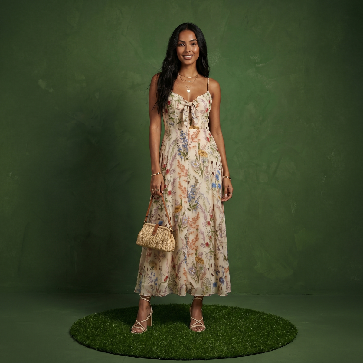 Anna-Kaci Women's Floral Print Tie Front Maxi Dress with Spaghetti Straps and Flowy Skirt