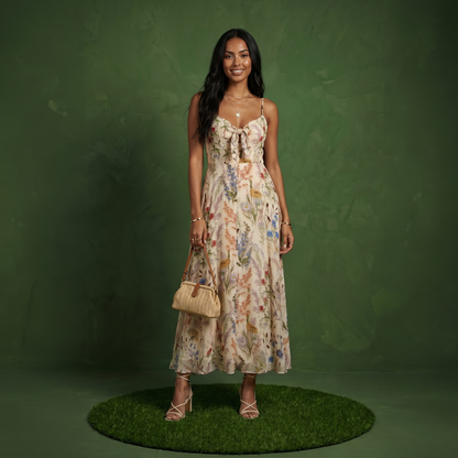 Anna-Kaci Women's Floral Print Tie Front Maxi Dress with Spaghetti Straps and Flowy Skirt