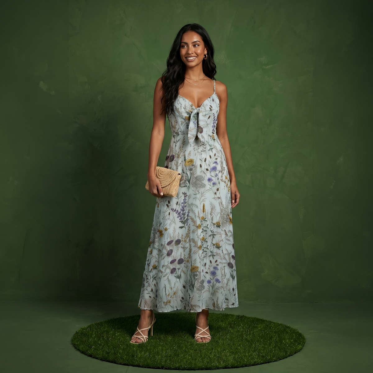 Anna-Kaci Women's Floral Print Tie Front Maxi Dress with Spaghetti Straps and Flowy Skirt