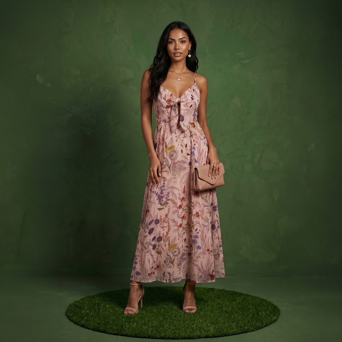 Anna-Kaci Women's Floral Print Tie Front Maxi Dress with Spaghetti Straps and Flowy Skirt
