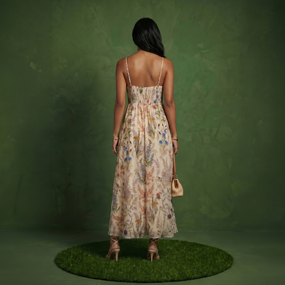 Anna-Kaci Women's Floral Print Tie Front Maxi Dress with Spaghetti Straps and Flowy Skirt