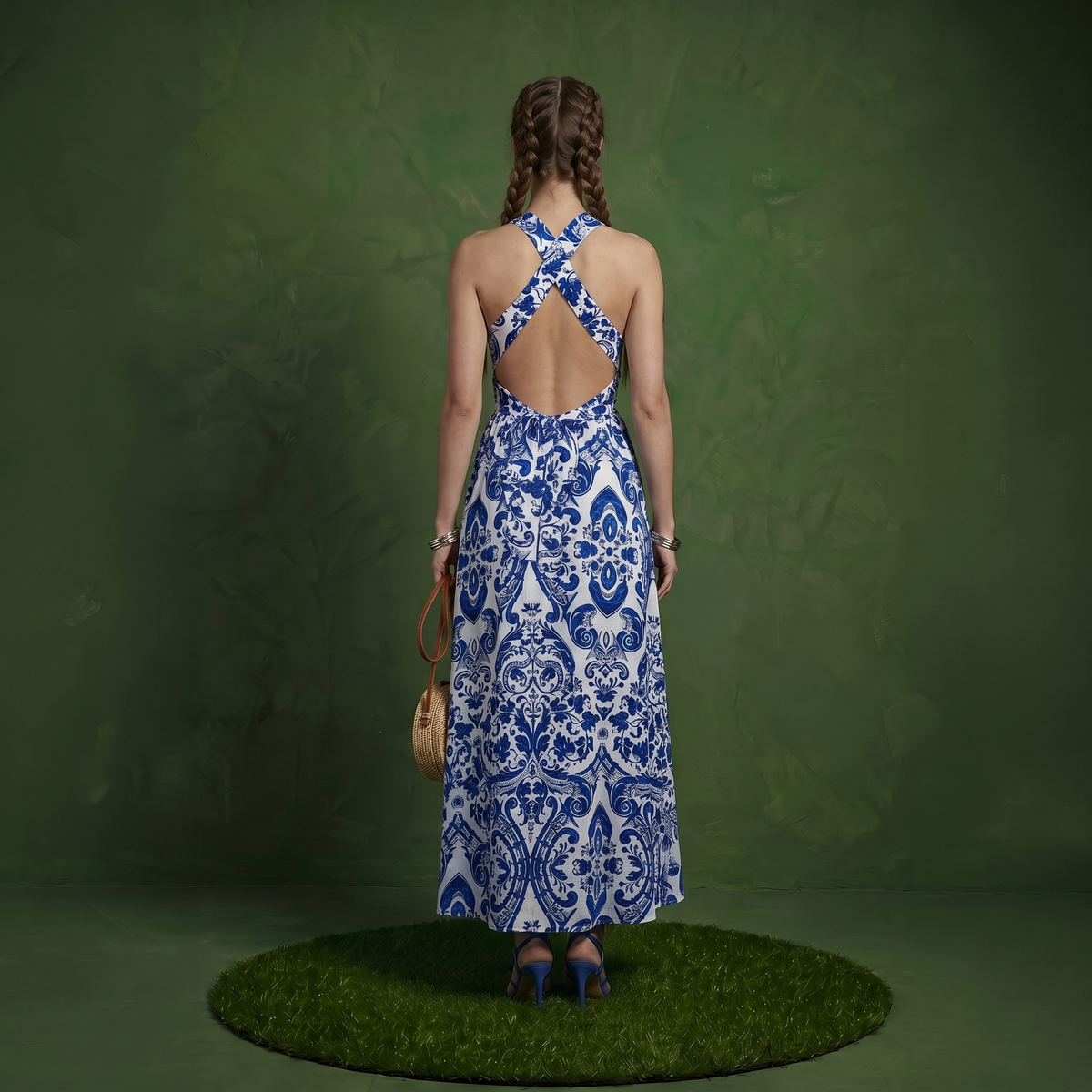 Anna-Kaci Women's Mediterranean Tile Print Halter Maxi Dress with Criss-Cross Back