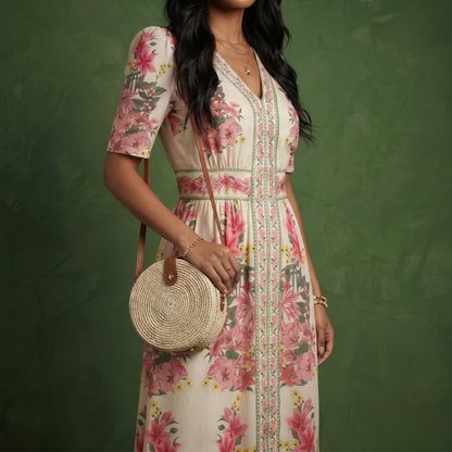 Anna-Kaci Women's Floral Midi Dress with V Neckline Short Puff Sleeves and Waist Detail