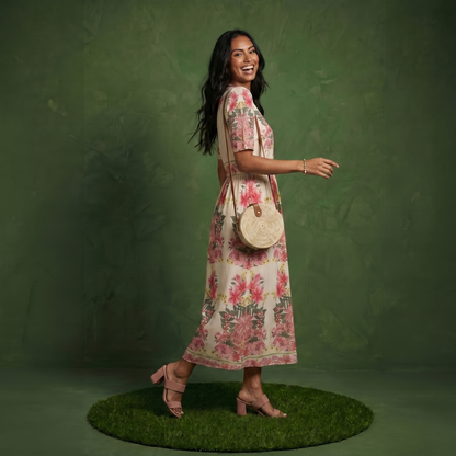 Anna-Kaci Women's Floral Midi Dress with V Neckline Short Puff Sleeves and Waist Detail