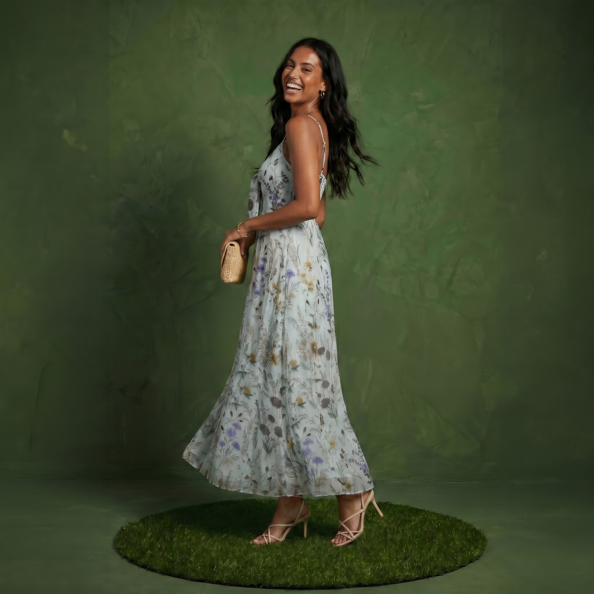 Anna-Kaci Women's Floral Print Tie Front Maxi Dress with Spaghetti Straps and Flowy Skirt