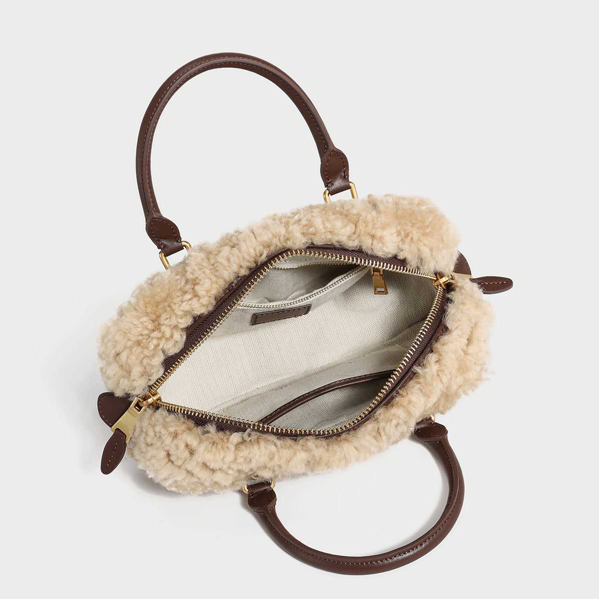 Beige Sherpa Fur Trimmed Elongated Top Handle Bag