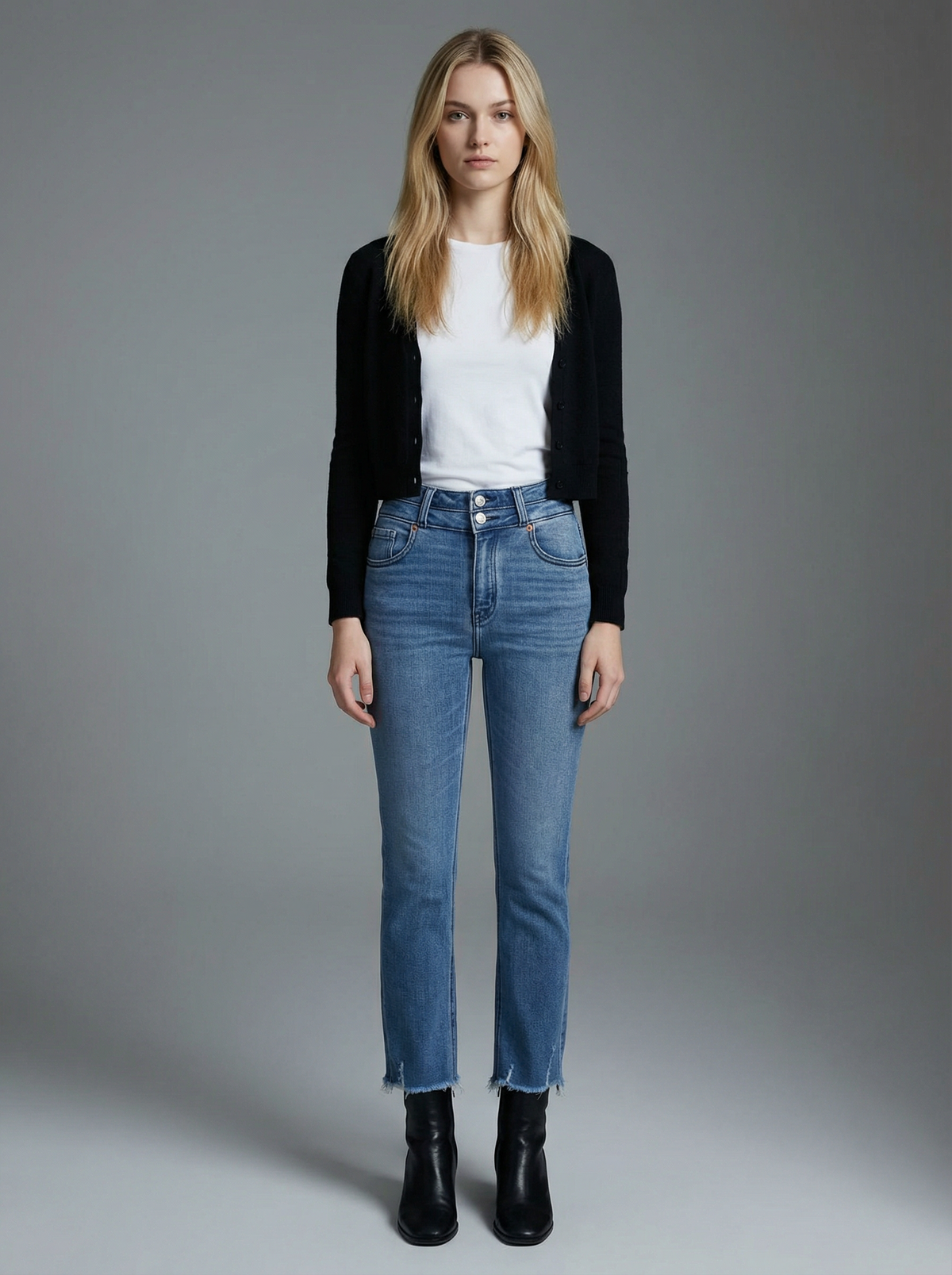 Altitude Heights Corset Double Waistband Straight Frayed Hem Jeans