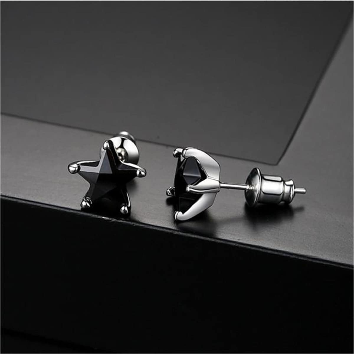 Black Crystal & Silvertone Star Stud Earrings