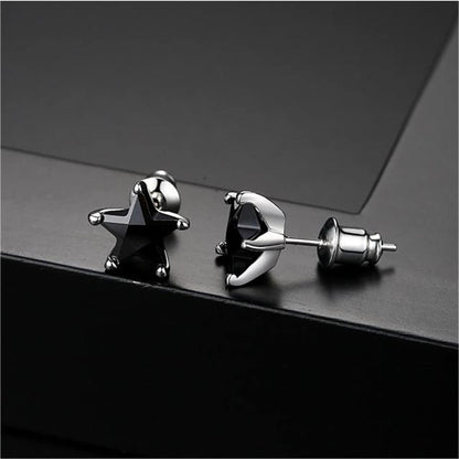 Black Crystal & Silvertone Star Stud Earrings