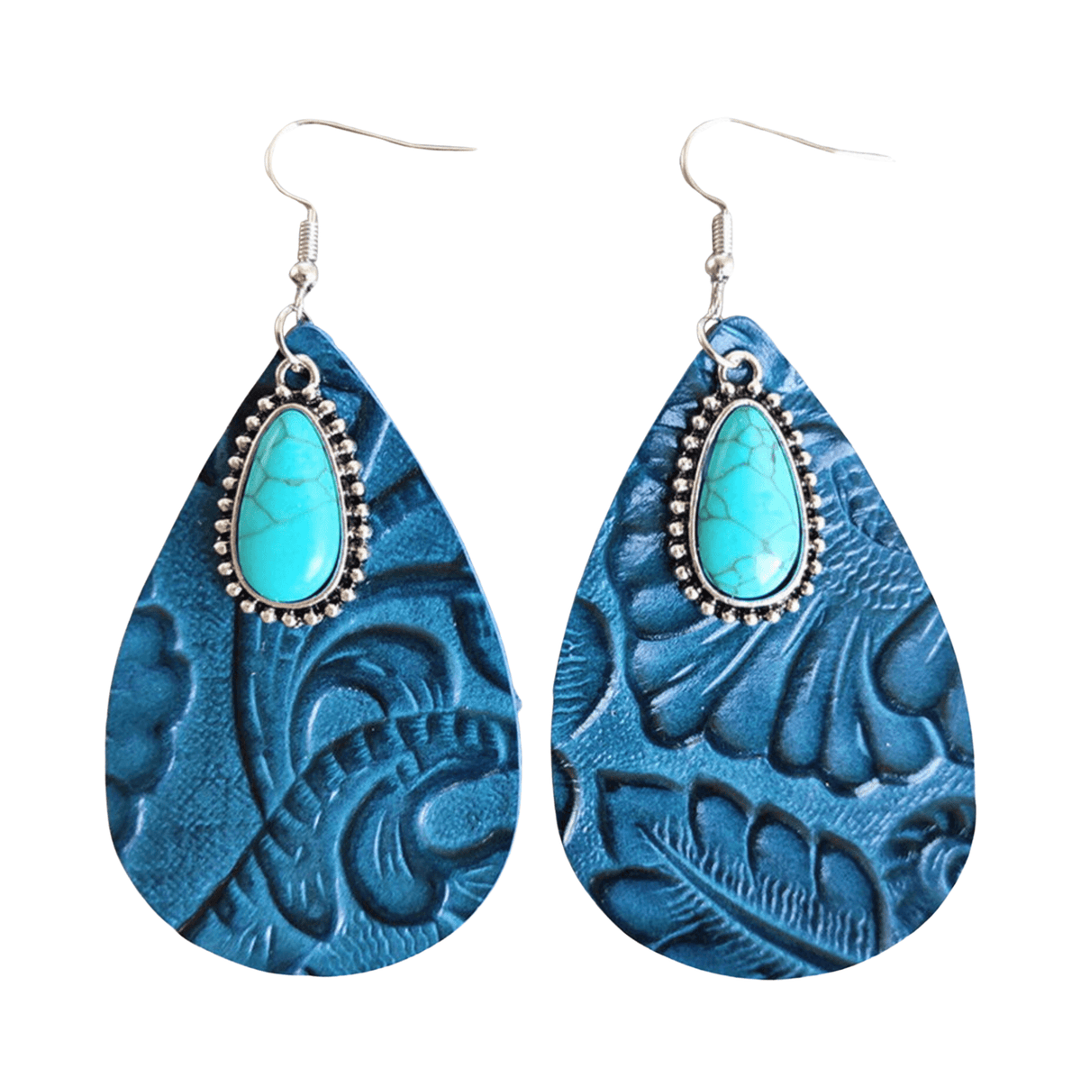 Blue Leather and Multi Colored Patterned & Turquoise Teardrop Drop Earrings