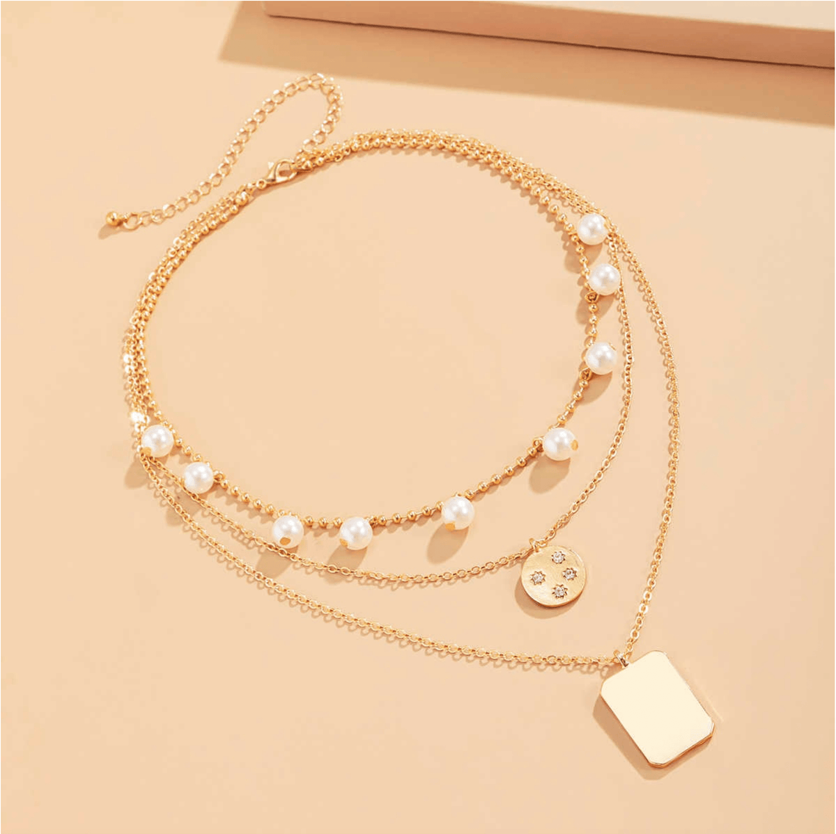 Goldtone Multi-Layer Disk Rectangle Necklace With Pearls Crystals