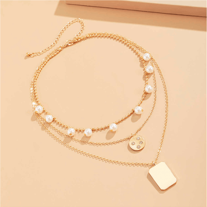 Goldtone Multi-Layer Disk Rectangle Necklace With Pearls Crystals