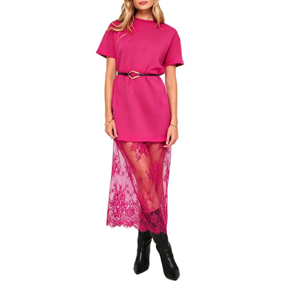 Women's Oversized T-Shirt Maxi Dress with Sheer Lace Hem Drop