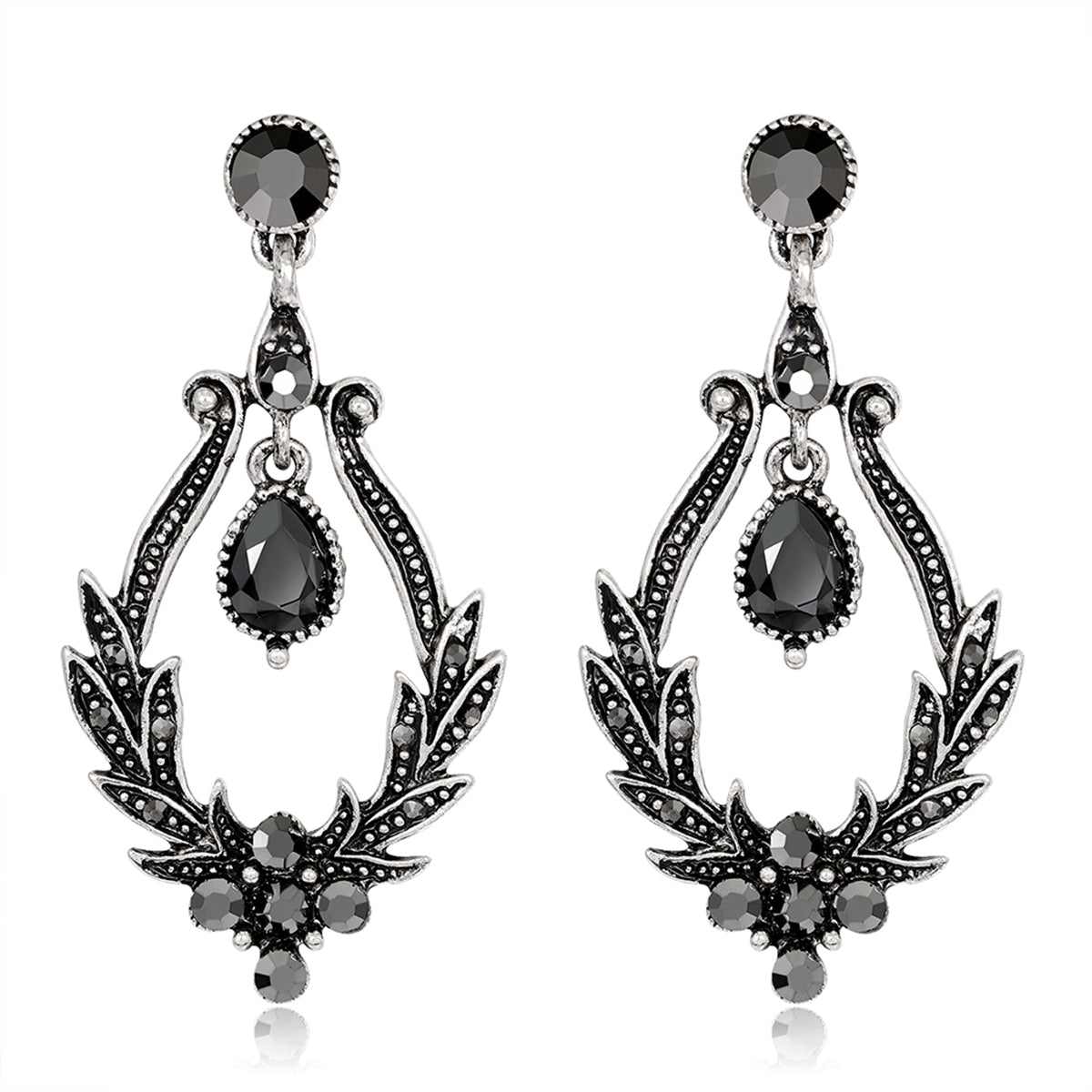 Black Crystal & Cubic Zirconia Botanical Teardrop Earrings