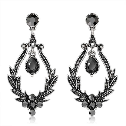 Black Crystal & Cubic Zirconia Botanical Teardrop Earrings