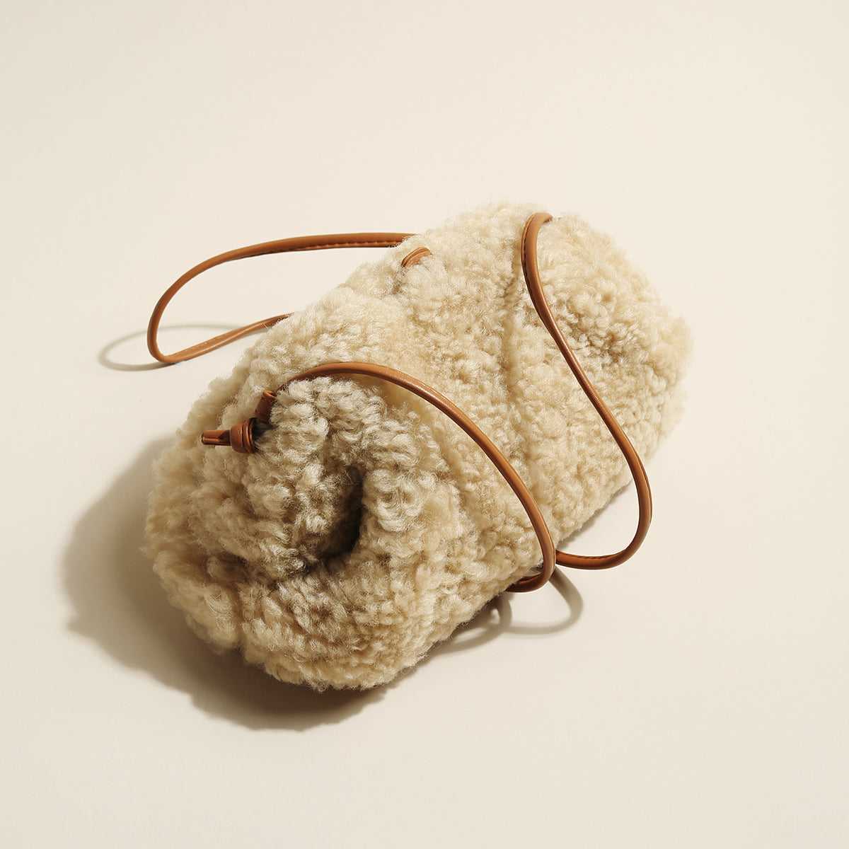 Apricot Beige Furry Double Thin Strap Shoulder Bag