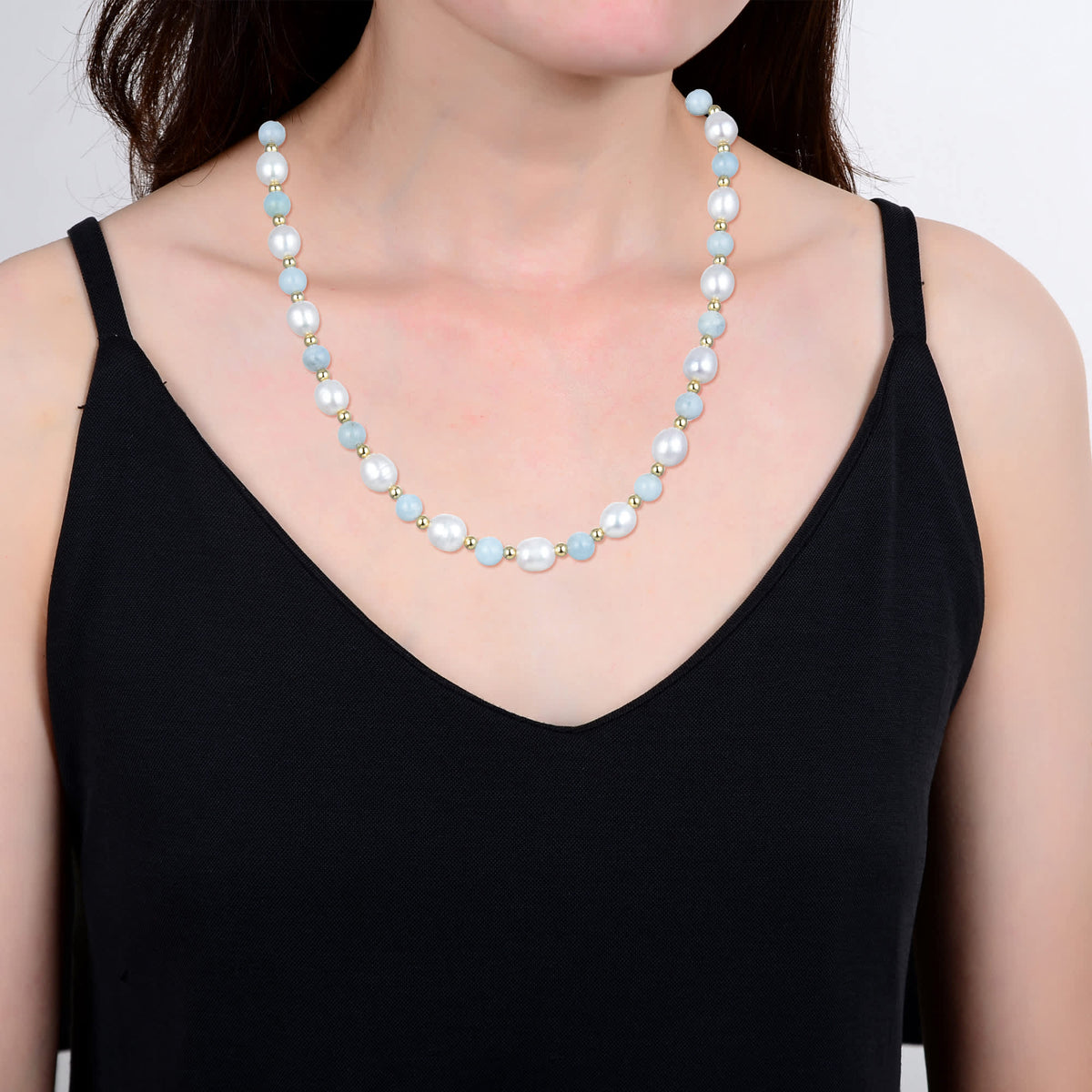 18K Plated Sterling Silver Natural Aquamarine, Pearl and Silver Beads Beaded Necklace