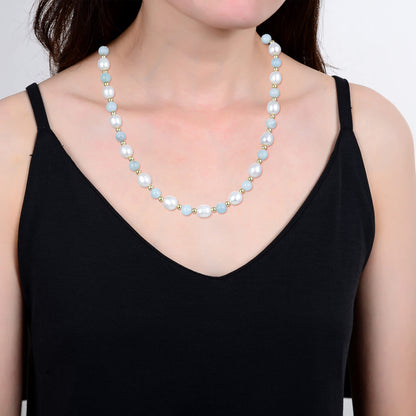 18K Plated Sterling Silver Natural Aquamarine, Pearl and Silver Beads Beaded Necklace