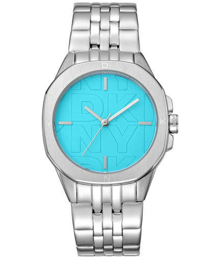 Dkny Women Watch, Silver Color Case, Blue Dial, Stainless Steel Metal Bracelet, 3 Hands, 5 Atm