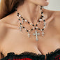 Black Acrylic & Pearl Silvertone Cross Tassel Layered Necklace