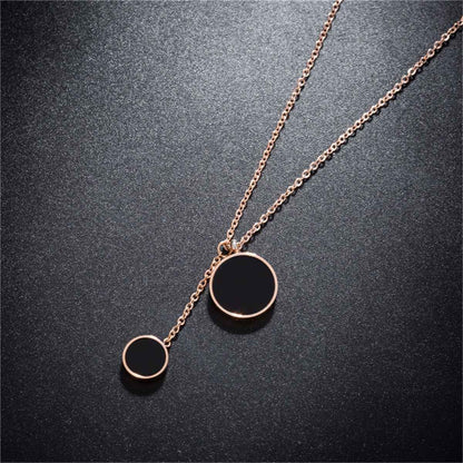 Black Acrylic & Rose Goldtone Double Round Lariat Pendant Necklace
