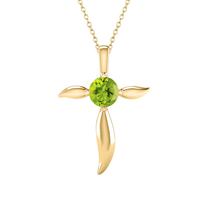 Gold Over Sterling Silver Round Shape Natural Peridot Cross Pendant with 18" Cable Chain