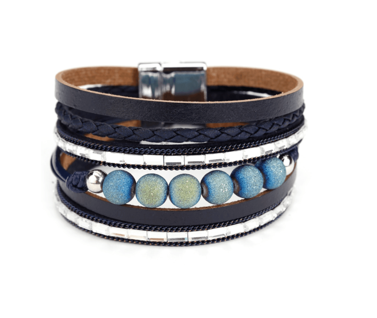 Blue Beads Black Faux Leather Bracelet