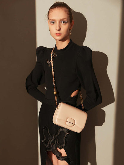 Structured Buckle Leather Shoulder Bag