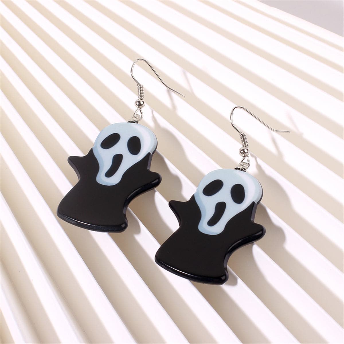 Black Acrylic & Silvertone Ghost Drop Earrings