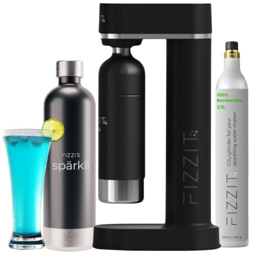 Black Fizzit Stainless Steel Sparkling Water Maker Bundle | Includes Soda Maker, CO2 Cylinder, & Black Stainless Steel Bottle | Customizable Carbonated Water Machine, Reusable Bottle & Eco-Friendly