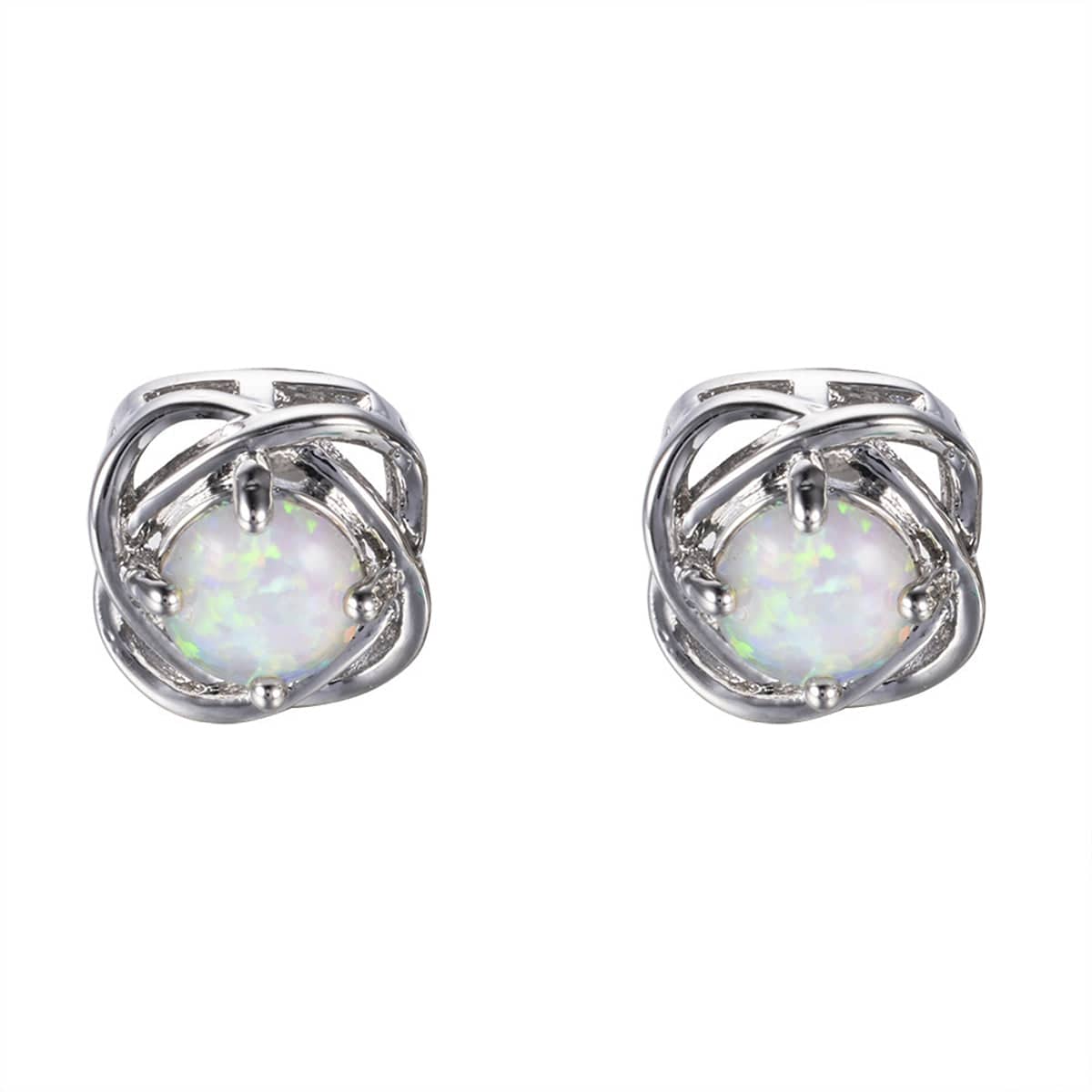 White Opal & Silvertone Round Wrapped Stud Earrings