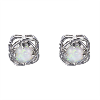 White Opal & Silvertone Round Wrapped Stud Earrings