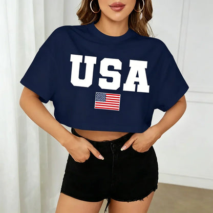 4th of July USA Printed Cropped Shirt
