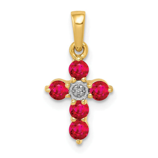 14k Gold Natural Red Ruby and Diamond Cross Pendant Jewelry Gift for Women
