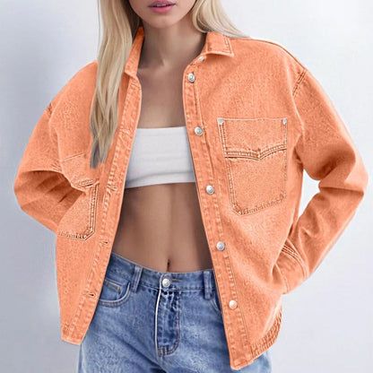 ✨Women's Solid Color Button Front Drop Shoulder Curved Hem Denim Jacket (Final Days: Big Savings!!!)