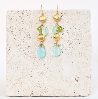 Aqua Chalcedony & Peridot Gold Drop Earrings