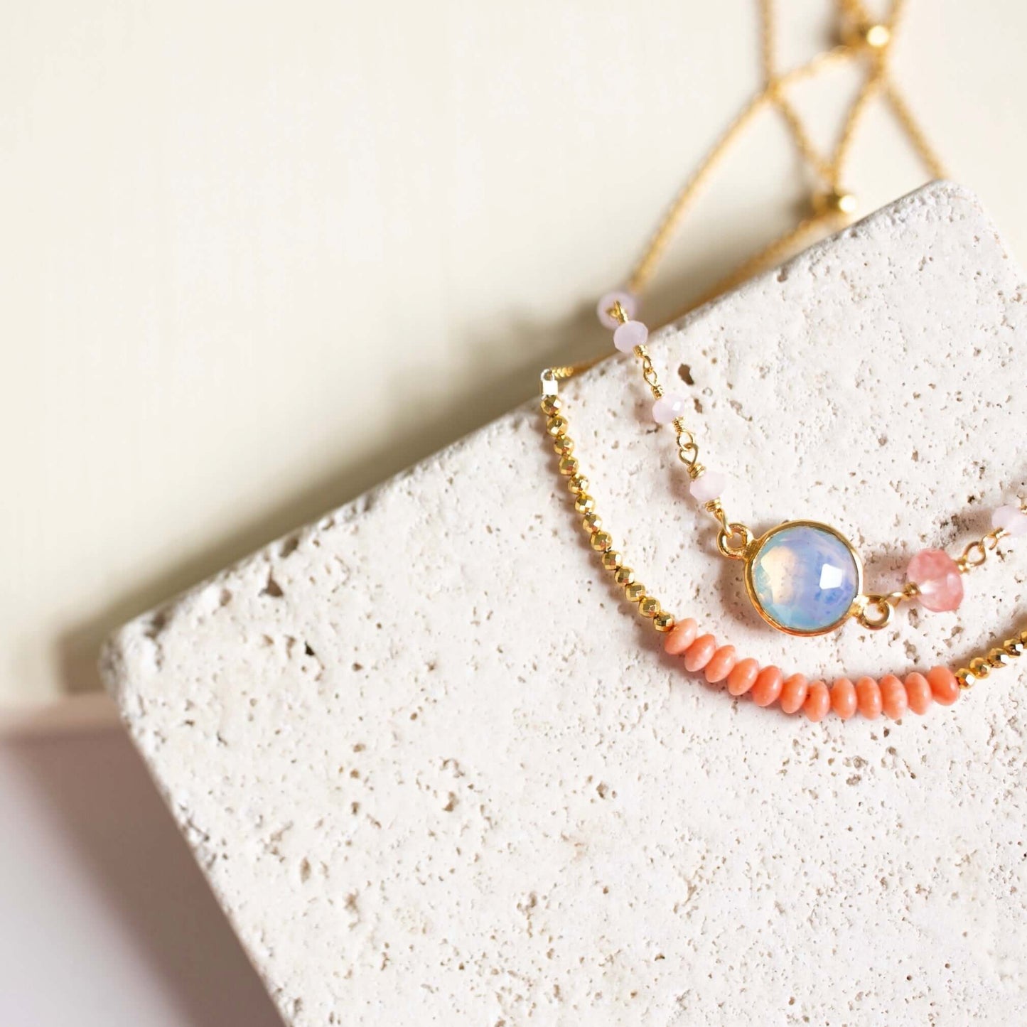Bracelet Set: Opal Quartz & Pink Coral Stones