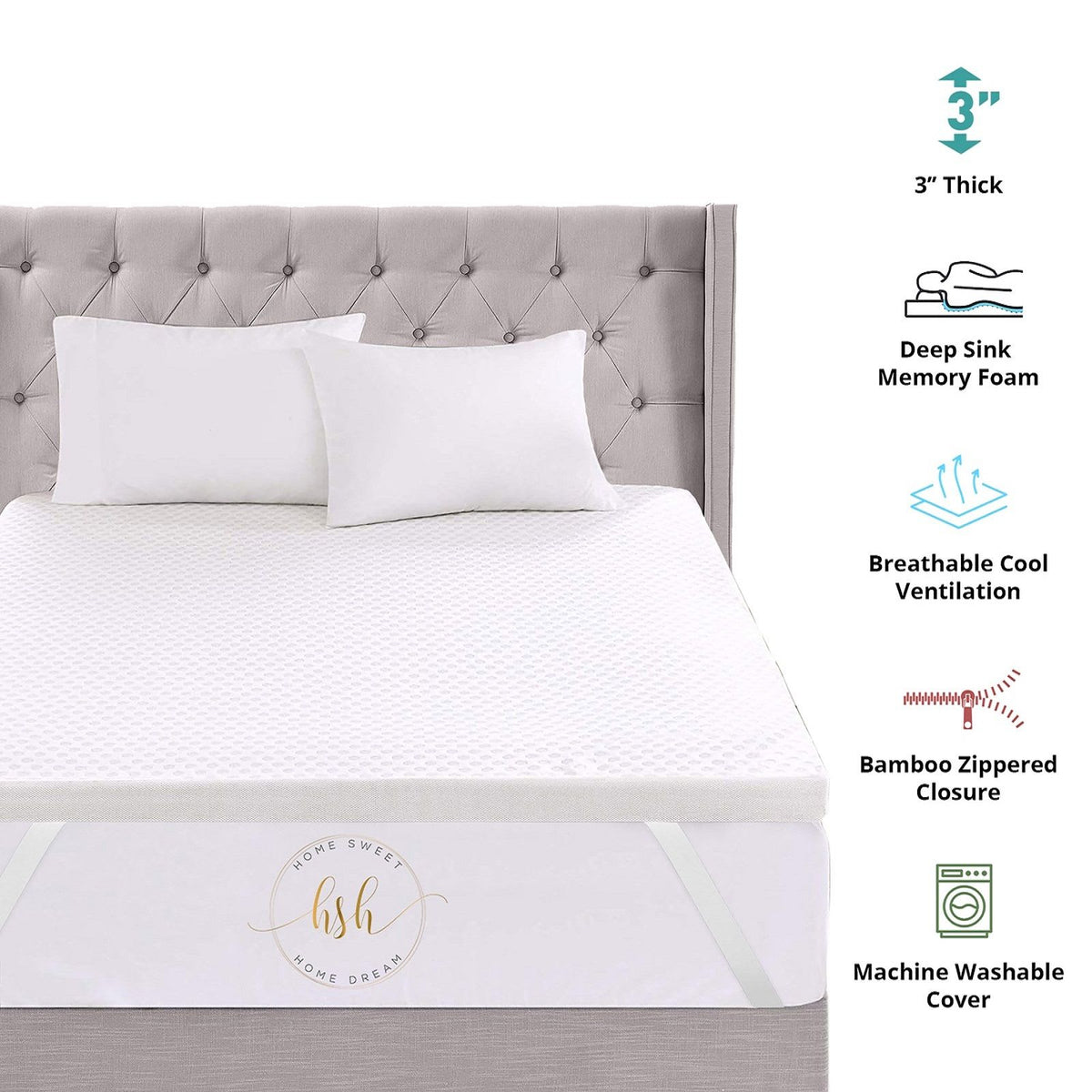 3 Inch Memory Foam Mattress Topper – Cooling Bamboo Cover Removable & Washable