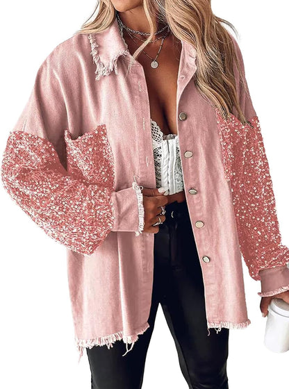 ✨Women's Oversized Sequin Patchwork Long Sleeve Button Front Denim Jacket