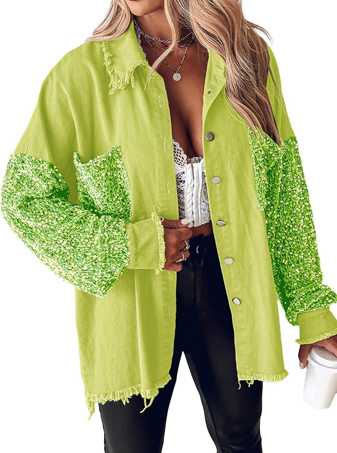 ✨Women's Oversized Sequin Patchwork Long Sleeve Button Front Denim Jacket