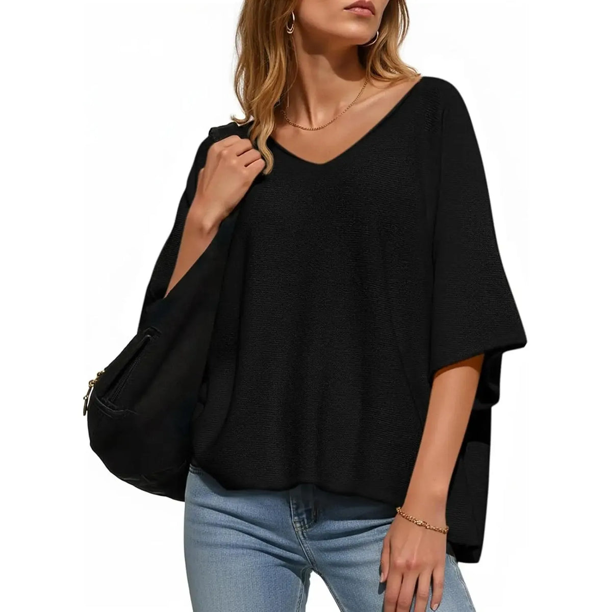 🔥Women's Oversized Half Sleeve Batwing V Neck Casual Knit Tops