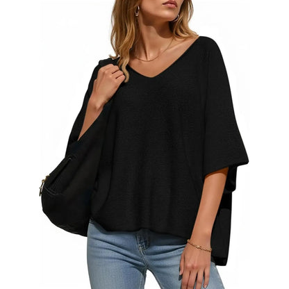 🔥Women's Oversized Half Sleeve Batwing V Neck Casual Knit Tops