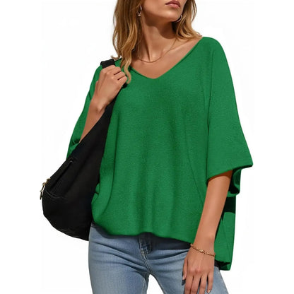 🔥Women's Oversized Half Sleeve Batwing V Neck Casual Knit Tops