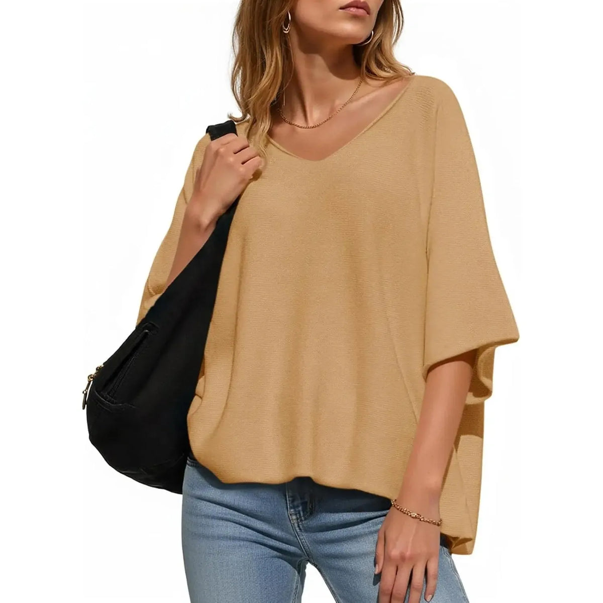 🔥Women's Oversized Half Sleeve Batwing V Neck Casual Knit Tops