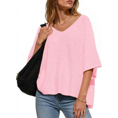 🔥Women's Oversized Half Sleeve Batwing V Neck Casual Knit Tops